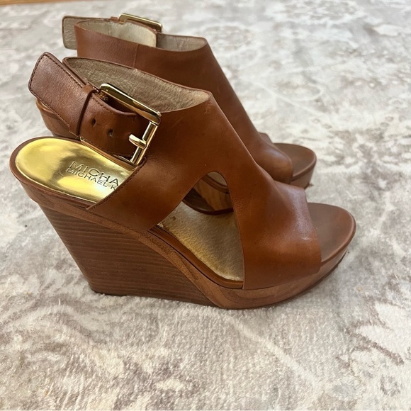MICHAEL Michael Kors Brown Leather Peep Toe Platform Wedges size 6.5 - Picture 7 of 10